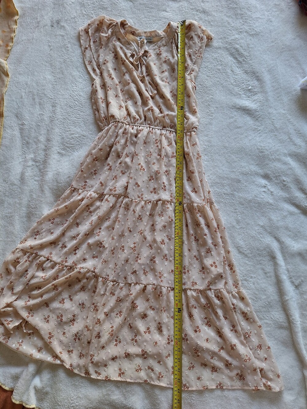 Moon River Floral Swiss Dot Tiered Midi Dress Tie Neck S - Picture 7 of 11